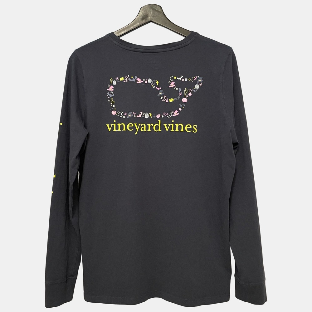 Vineyard Vines Halloween Whale Long Sleeve Pocket Tee Gray Yellow Womens L